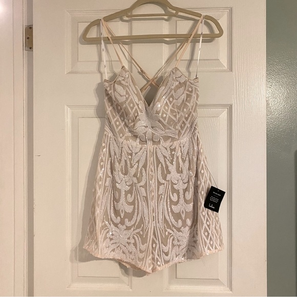 COPY - NWT Lulus Catch a Spark White and Beige Sequin Romper - Picture 1 of 7